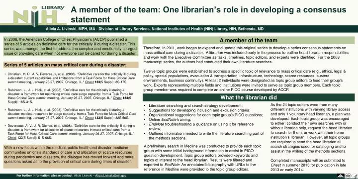 a member of the team one librarian s role in developing a consensus statement