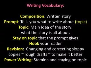 Writing Vocabulary: Composition : Written story Prompt : Tells you what to write about (topic)