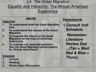 L4: The Great Migration Equality and Hierarchy: The African American Experience