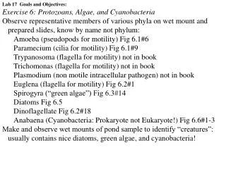 Lab 17 Goals and Objectives: Exercise 6: Protozoans, Algae, and Cyanobacteria