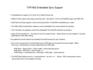 Embedded sync support is for 20 bit 4:2:2 output format only.
