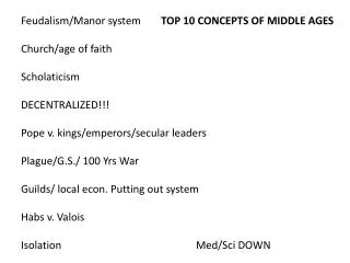 Feudalism/Manor system	 TOP 10 CONCEPTS OF MIDDLE AGES Church/age of faith Scholaticism