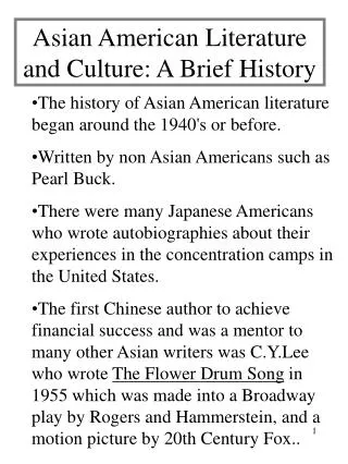 Asian American Literature and Culture: A Brief History