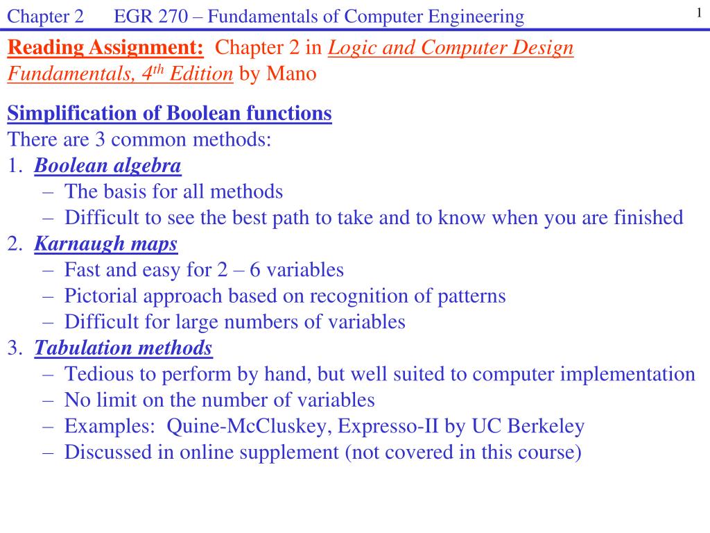 PPT - Simplification of Boolean functions There are 3 common methods: 1 ...