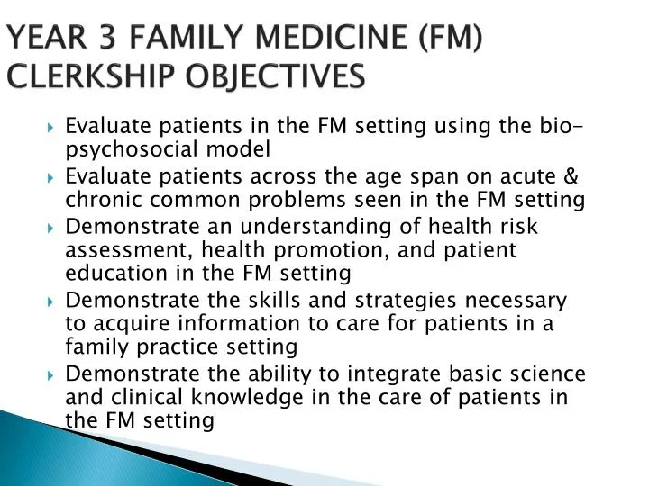 year 3 family medicine fm clerkship objectives