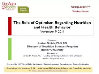 The Role of Optimism Regarding Nutrition and Health Behavior November 9, 2011