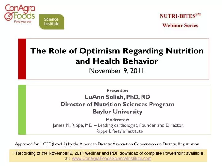 the role of optimism regarding nutrition and health behavior november 9 2011