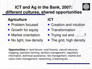 ICT and Ag in the Bank, 2007: different cultures, shared opportunities