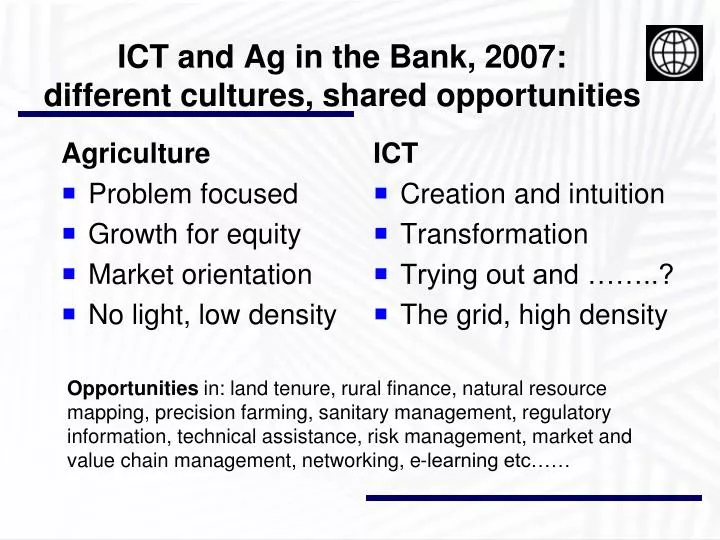 ict and ag in the bank 2007 different cultures shared opportunities