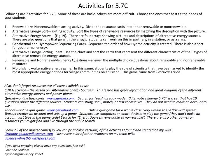 activities for 5 7c