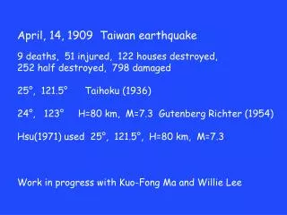April, 14, 1909 Taiwan earthquake 9 deaths, 51 injured, 122 houses destroyed,