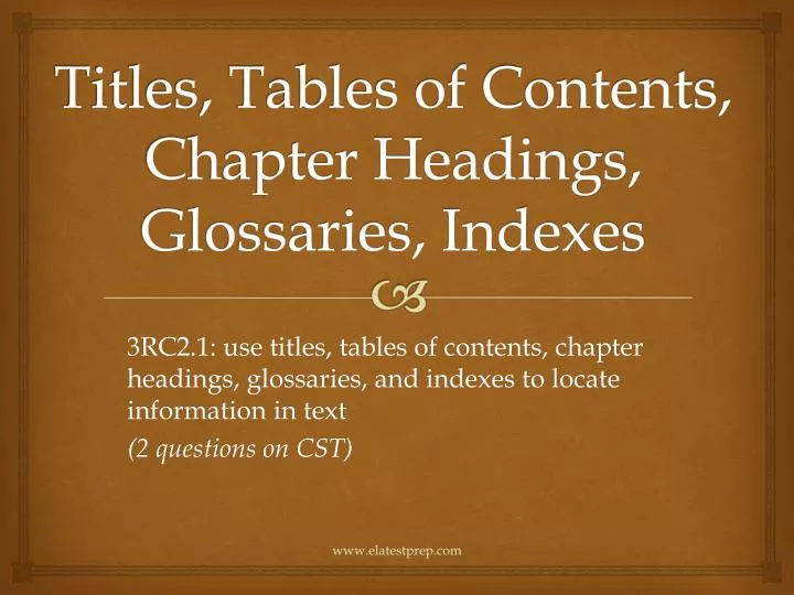 titles tables of contents chapter headings glossaries indexes