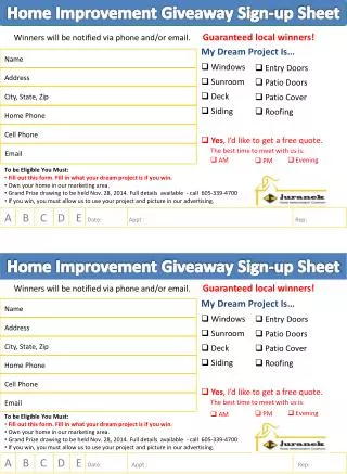 Home Improvement Giveaway Sign-up Sheet