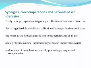Synergies , corecompetencies and network-based strategies :