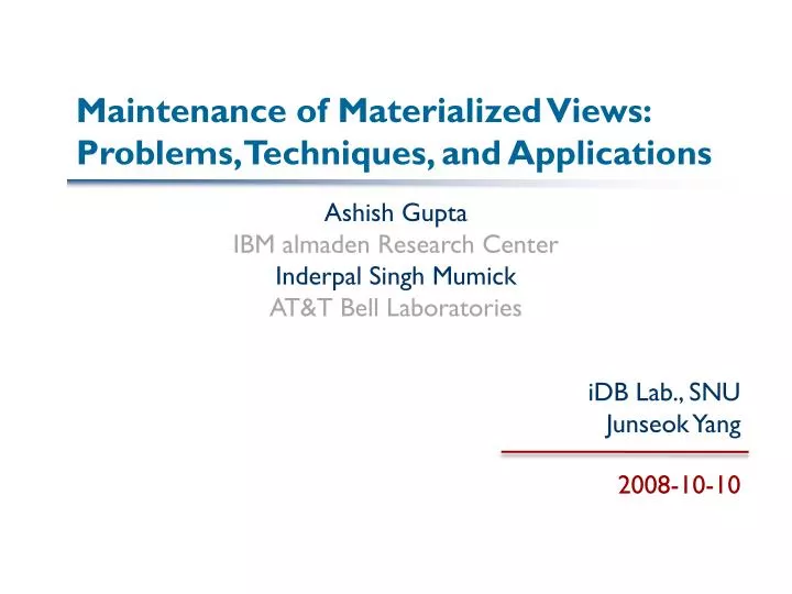 maintenance of materialized views problems techniques and applications