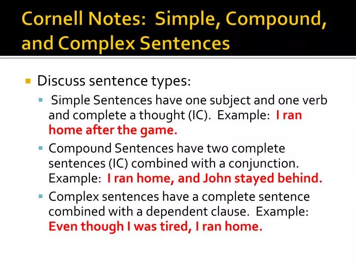 cornell notes simple compound and complex sentences
