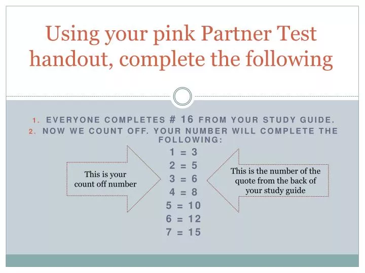 using your pink partner test handout complete the following