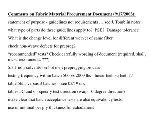Comments on Fabric Material Procurement Document (9/17/2003):
