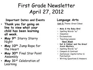 First Grade Newsletter April 27 , 2012