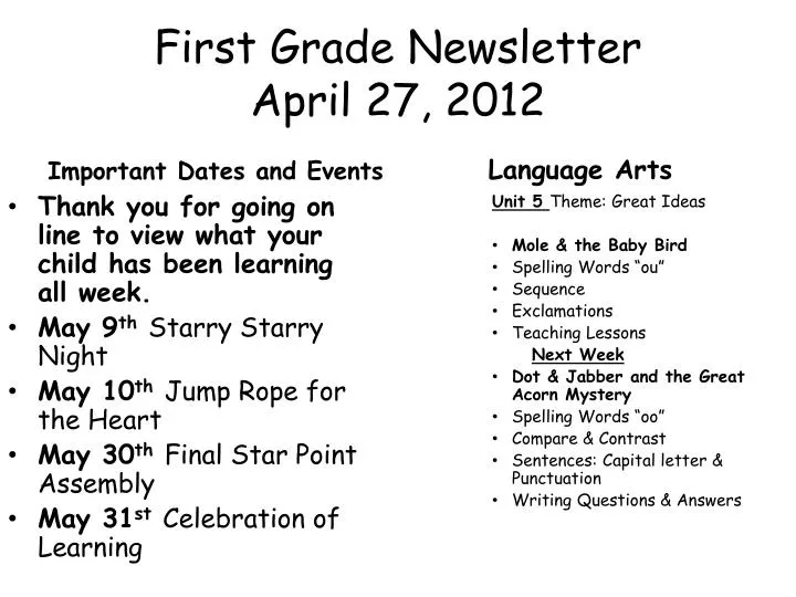 first grade newsletter april 27 2012
