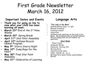 First Grade Newsletter March 16, 2012