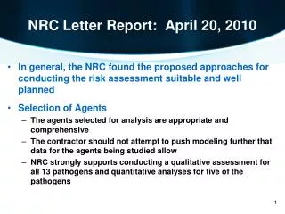 NRC Letter Report: April 20, 2010