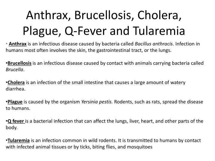 anthrax brucellosis cholera plague q fever and tularemia