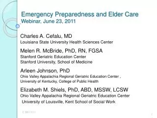 Emergency Preparedness and Elder Care Webinar, June 23, 2011