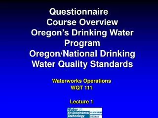Waterworks Operations WQT 111 Lecture 1
