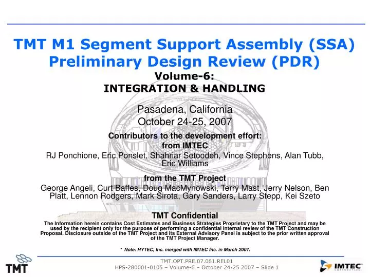 tmt m1 segment support assembly ssa preliminary design review pdr volume 6 integration handling