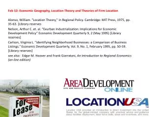Feb 12: Economic Geography, Location Theory and Theories of Firm Location