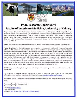 Ph.D. Research Opportunity Faculty of Veterinary Medicine, University of Calgary