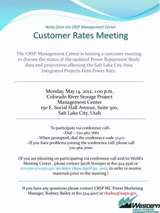 Notes from the CRSP Management Center Customer Rates Meeting