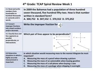 4 th Grade: TCAP Spiral Review Week 1