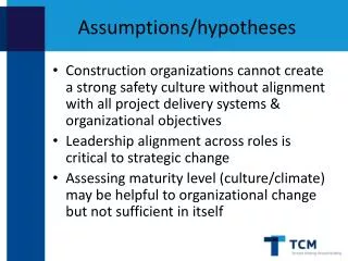 Assumptions/hypotheses
