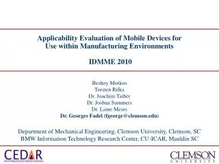 Applicability Evaluation of Mobile Devices for Use within Manufacturing Environments IDMME 2010