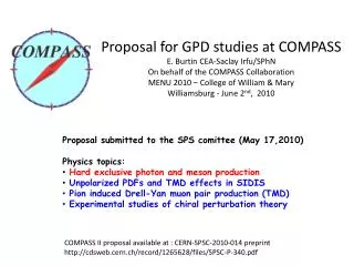 COMPASS II proposal available at : CERN-SPSC-2010-014 preprint