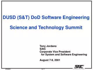 DUSD (S&amp;T) DoD Software Engineering Science and Technology Summit