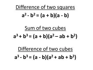 Difference of two squares a 2 - b 2 = (a + b)(a - b) Sum of two cubes