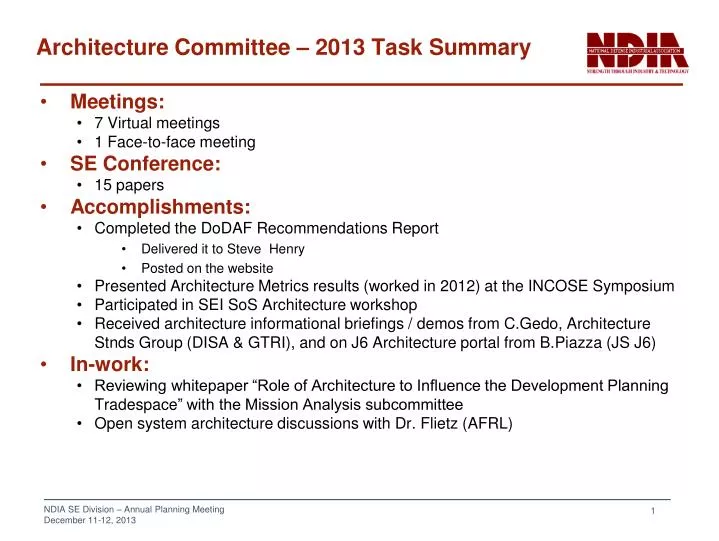 architecture committee 2013 task summary