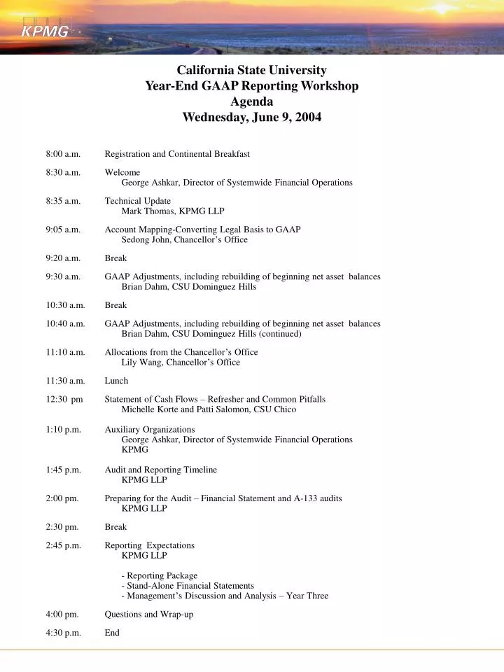 california state university year end gaap reporting workshop agenda wednesday june 9 2004