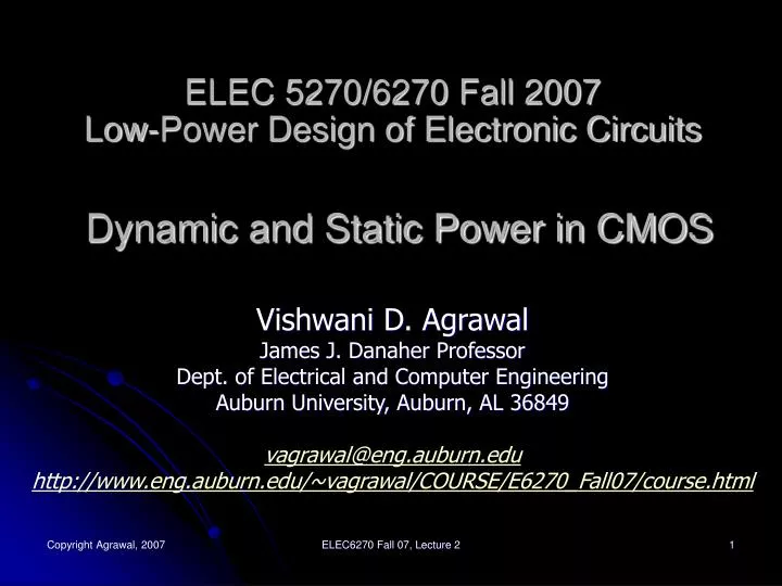 elec 5270 6270 fall 2007 low power design of electronic circuits dynamic and static power in cmos