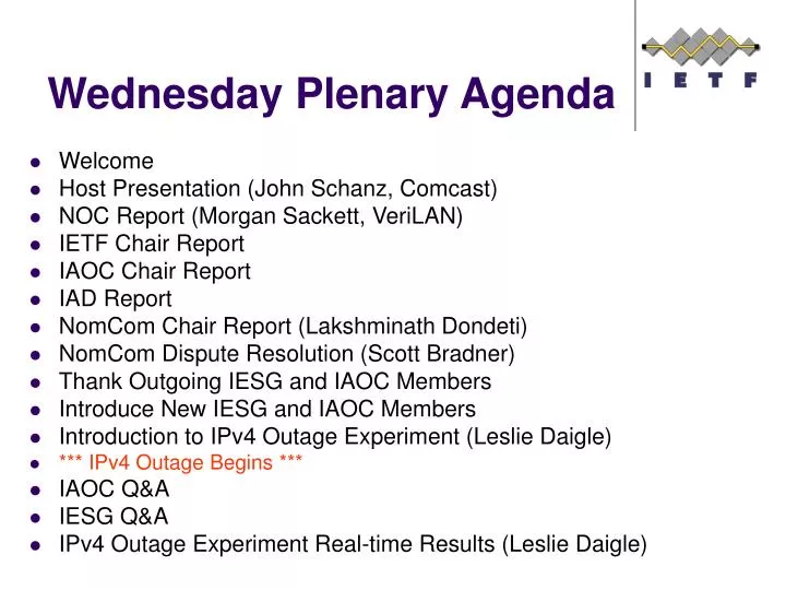 wednesday plenary agenda