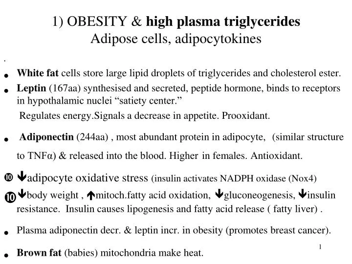 1 obesity high plasma triglycerides adipose cells adipocytokines