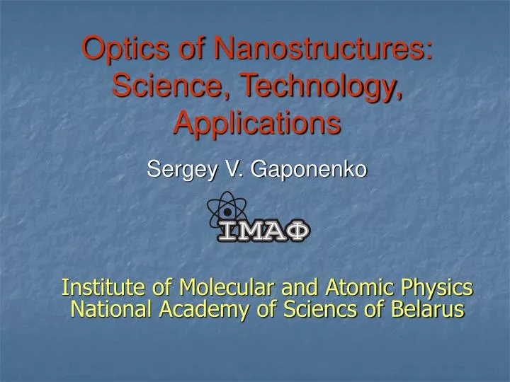 optics of nanostructures science technology applications sergey v gaponenko