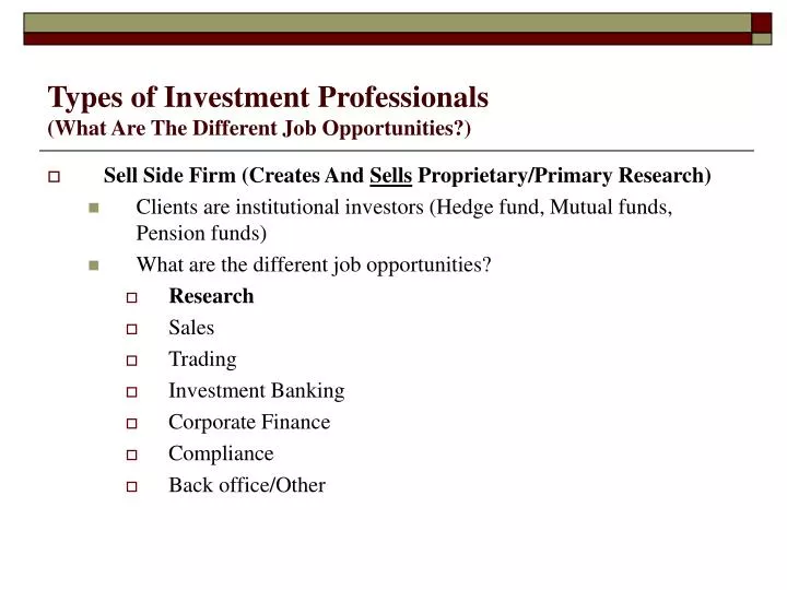 types of investment professionals what are the different job opportunities