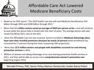 Affordable Care Act Lowered Medicare Beneficiary Costs