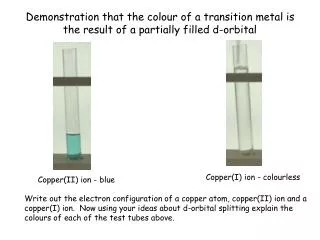 Demonstration that the colour of a transition metal is the result of a partially filled d-orbital