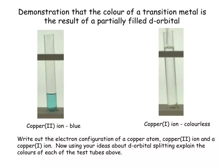 demonstration that the colour of a transition metal is the result of a partially filled d orbital
