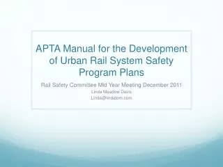 APTA Manual for the Development of Urban Rail System Safety Program Plans